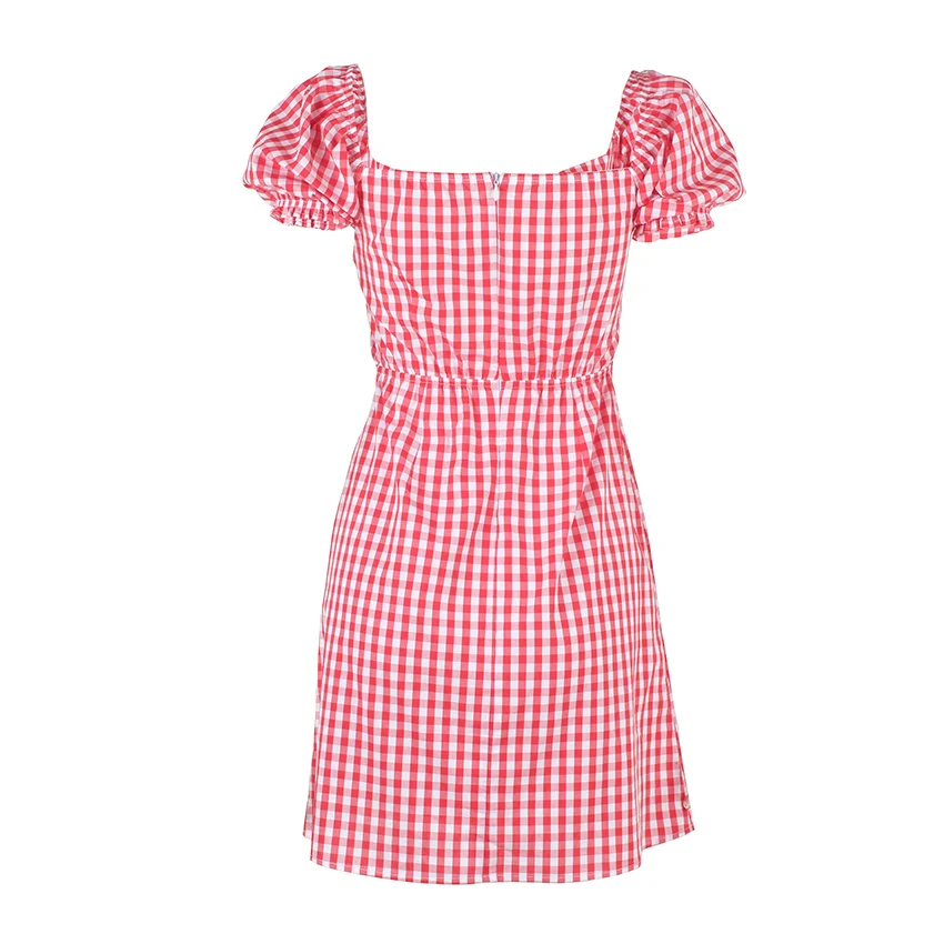 OOTN сексуальное мини-платье в красную и белую клетку с пышными рукавами, винтажный летний сарафан на шнуровке, женские короткие платья