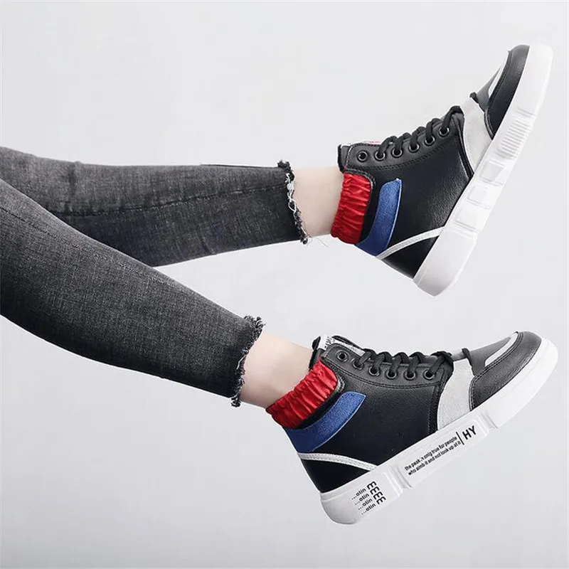 Толстая Теплая обувь с высоким берцем женские Лоскутные цвета на шнуровке модные