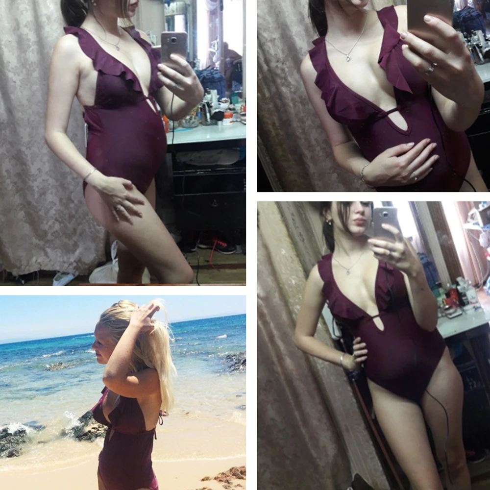 Новинка лета 2019 Цельный купальник женский пляжный купальный костюм с оборками и V