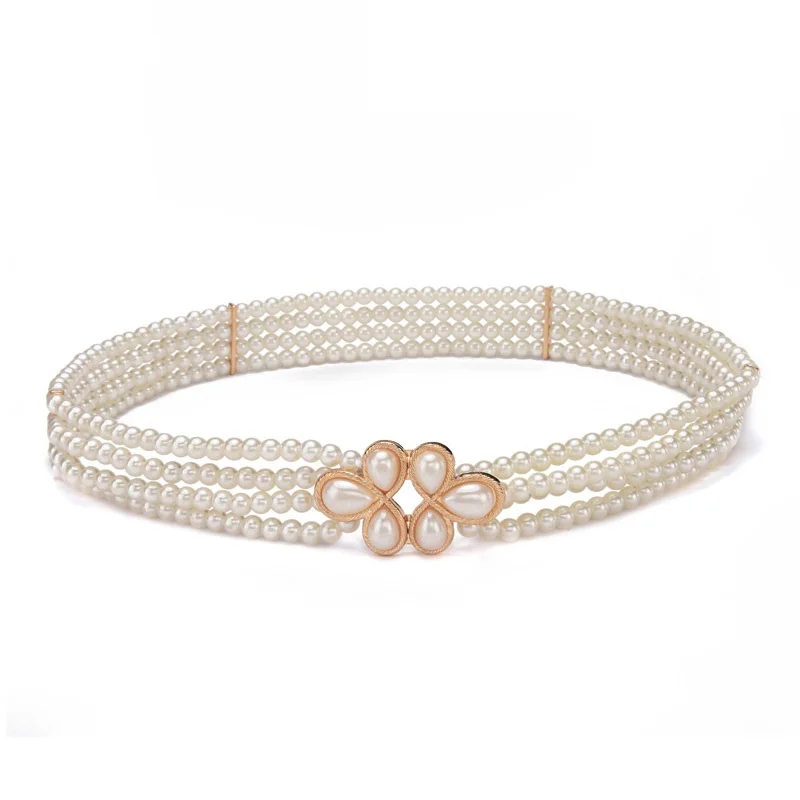 Женский ремень с жемчугом декоративный на талию тонкий эластичным поясом