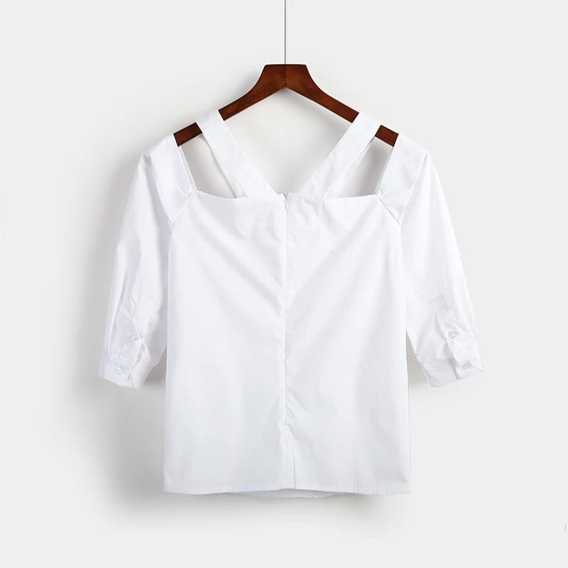 Женская хлопковая рубашка с v-образным вырезом белая Повседневная Блузка рукавом