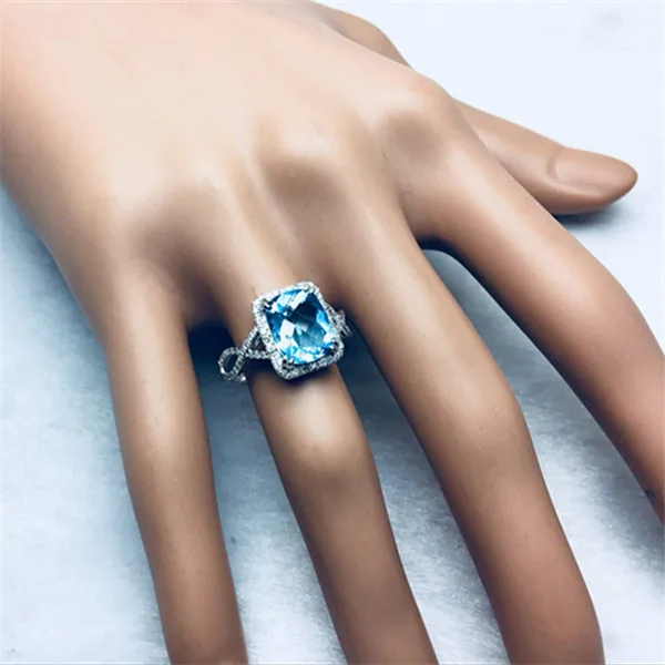 Твердого 14 К Белое золото натуральный голубой топаз diamond Обручение кольцо