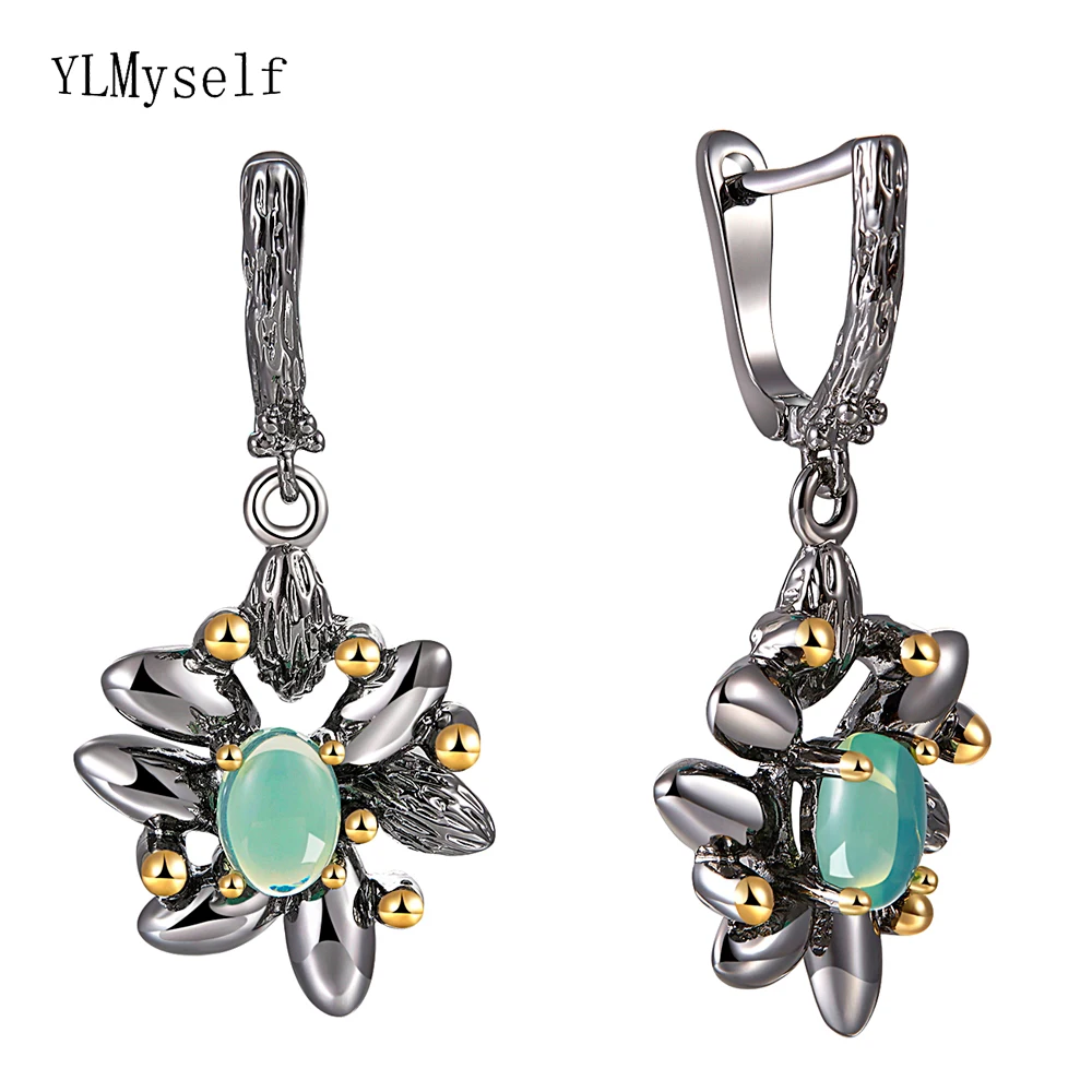 

Blue stone Dangle Earrings Black flower Jewellery Vintage Gold+Black plating Fast delivery Jewelry Drop earring for women