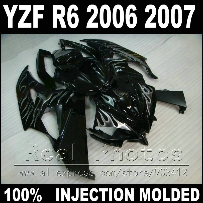 

7 gifts motorcycle parts for YAMAHA R6 fairing kit 06 07 Injection molding white flame in black 2006 2007 YZF R6 fairings