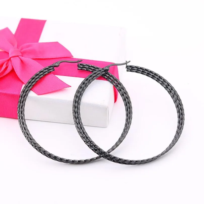 3 Layer Embossing 40mm Round Brief Titanium Stainless Steel Colors Plated Men Earring Hoop Earrings For Women Classic Jewelry | Украшения и