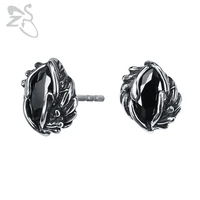 zs punk style small stud earrings stainless steel hip hop jewelry vintage feather crown earring with black cubic zirconia