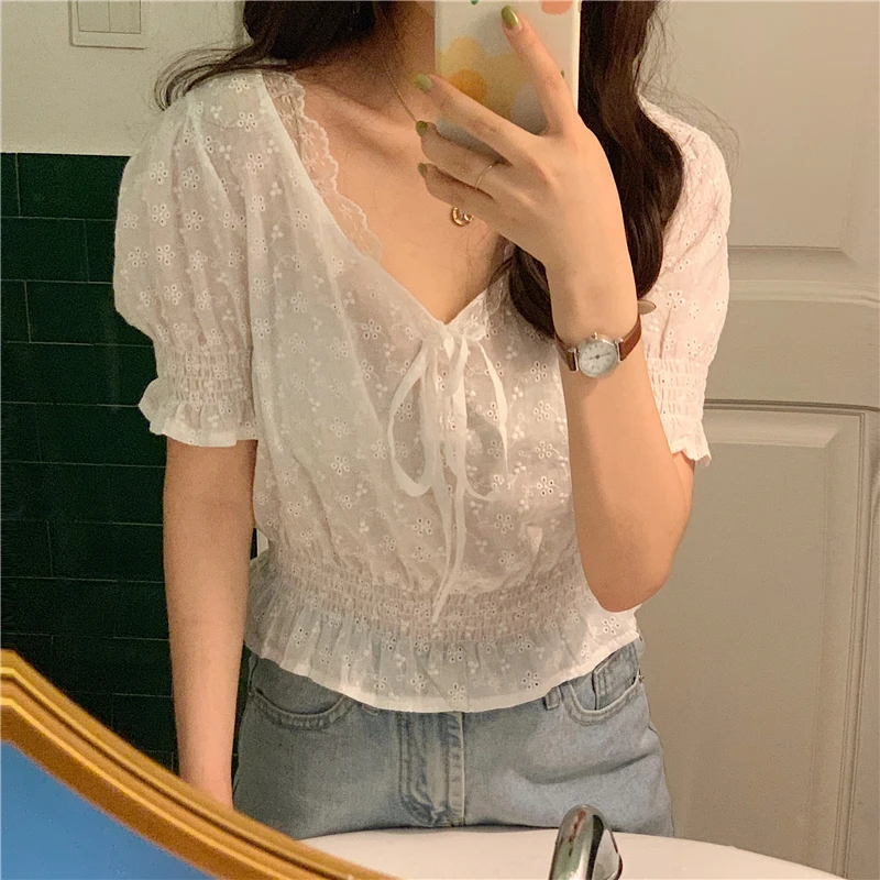Женская блузка с коротким рукавом белая кружевная в Корейском стиле лето 2019 |