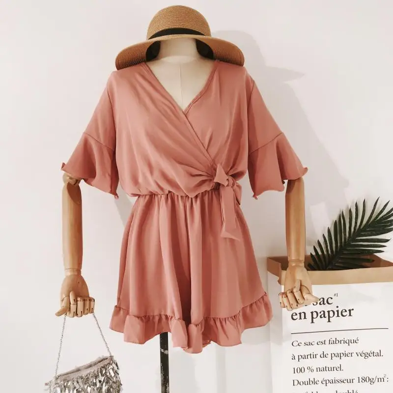 

Summer Women V-Neck Flare Sleeve Bodysuits Rompers Lady Elastic Sexy Bandage Strap Bow Jumpsuits Elastic Slim Chiffon Playsuits