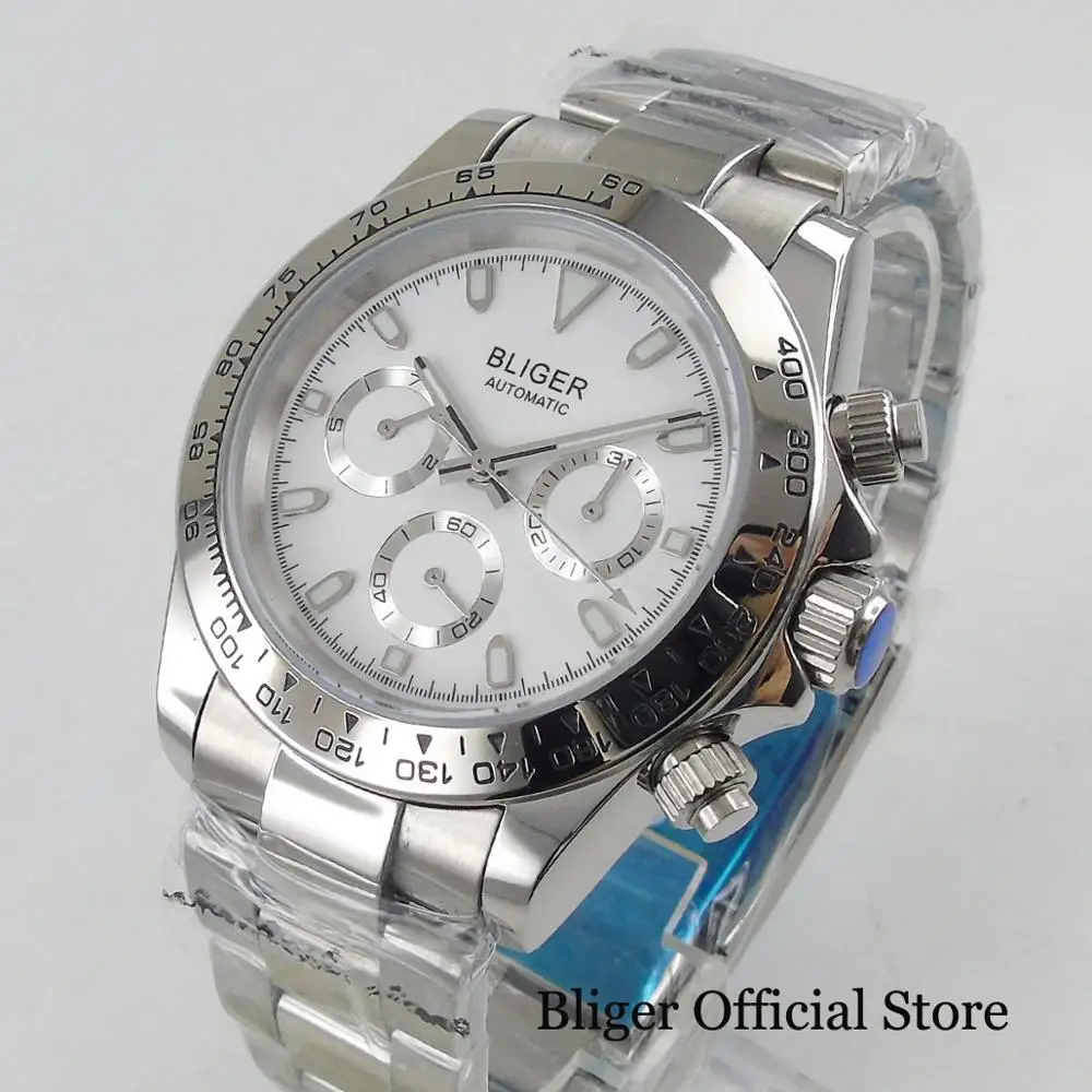 BLIGER Luxury 40mm White Dial Stainless Steel Bracelet Auto Date and Weekday Indicator