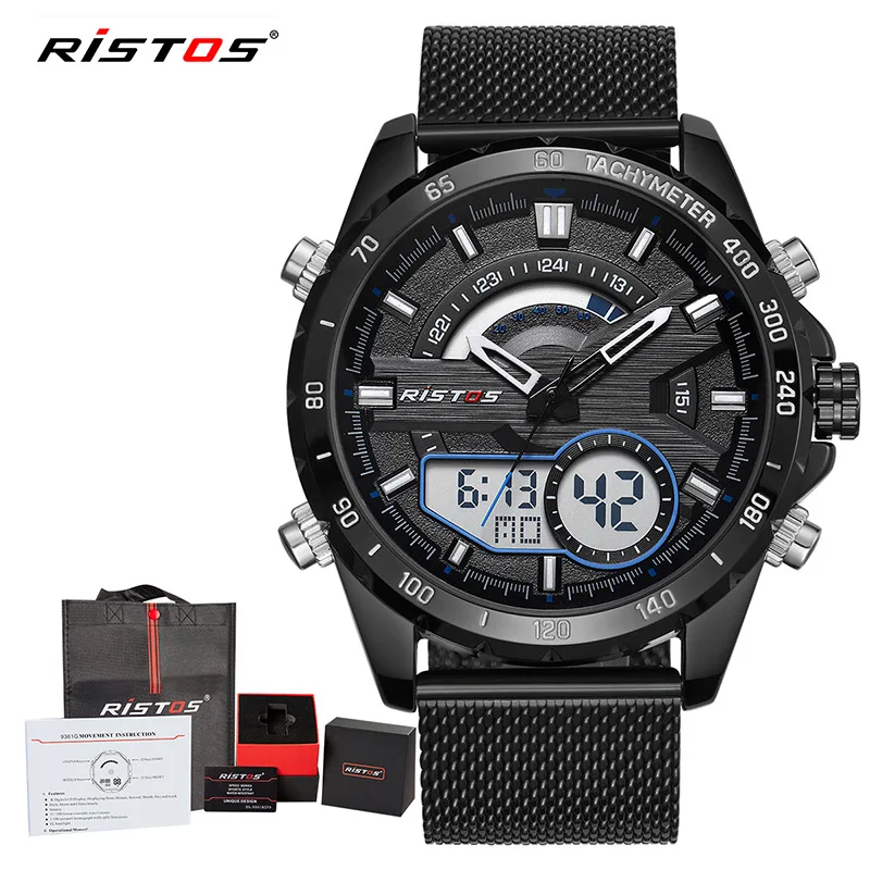 Black Blue Big Box RISTOS, мужские цифровые наручные часы с хронографом, многофункциональные часы со стальной сеткой, модные мужские часы, мужские спортивные часы 9361 - Цвет: Black Blue Big Box