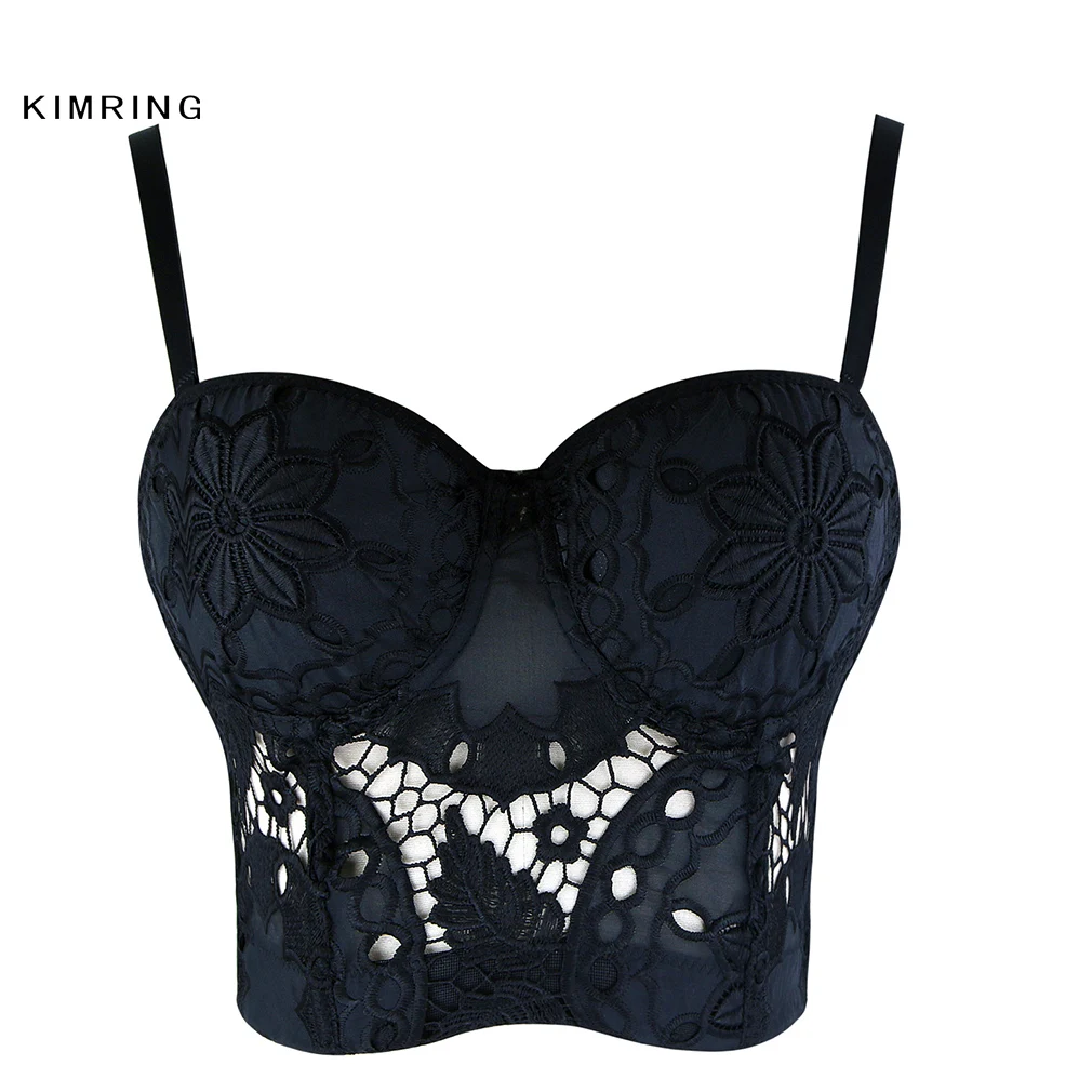 Black 4 Kimring, сексуальный летний бюстгальтер, укороченный топ, корсеты и бюстье, черное цветочное кружево, прозрачное бюстье, бюстгальтер, сексуальная клубная одежда, бюстье на косточках - Цвет: Black 4