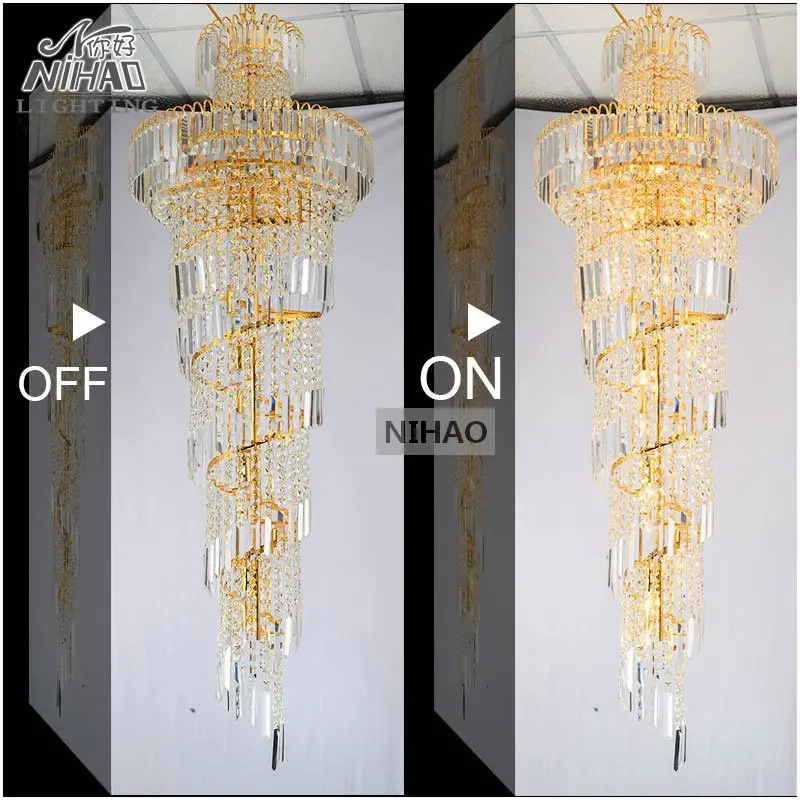 安い ロングスパイラルゴールドまたはシルバークリスタルシャンデリア照明器具 Lustre クリスタルレストランホテルロビー MD8500 用のランプハンギング