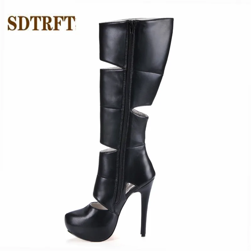 

SDTRFT Stilettos platforms 14cm thin heels Knee-High hollow out boots Round Toe shoes Woman Crossdresser Botas Zipper pumps