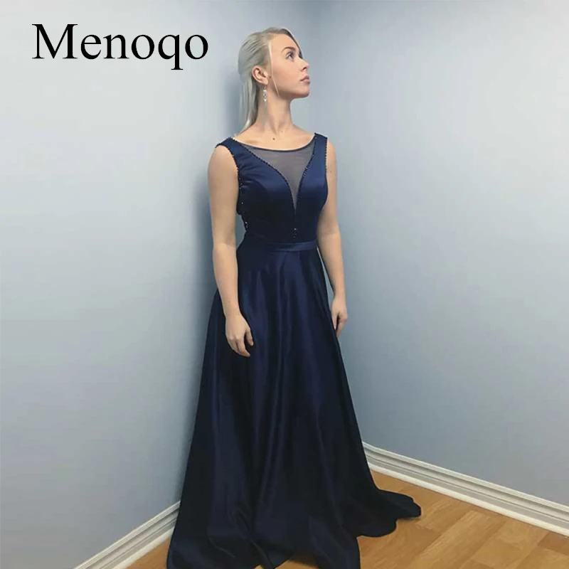 Menoqo высокое качество вечернее платье 2019 Сексуальная спинки Темно-Синий Атлас