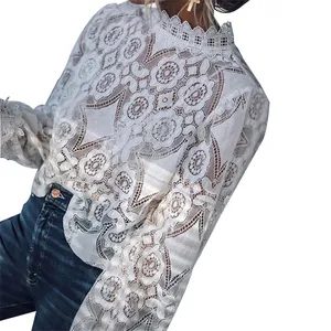 Женская кружевная ажурная рубашка, прозрачная блузка с длинными рукавами и воротником-стойкой, лето 2019