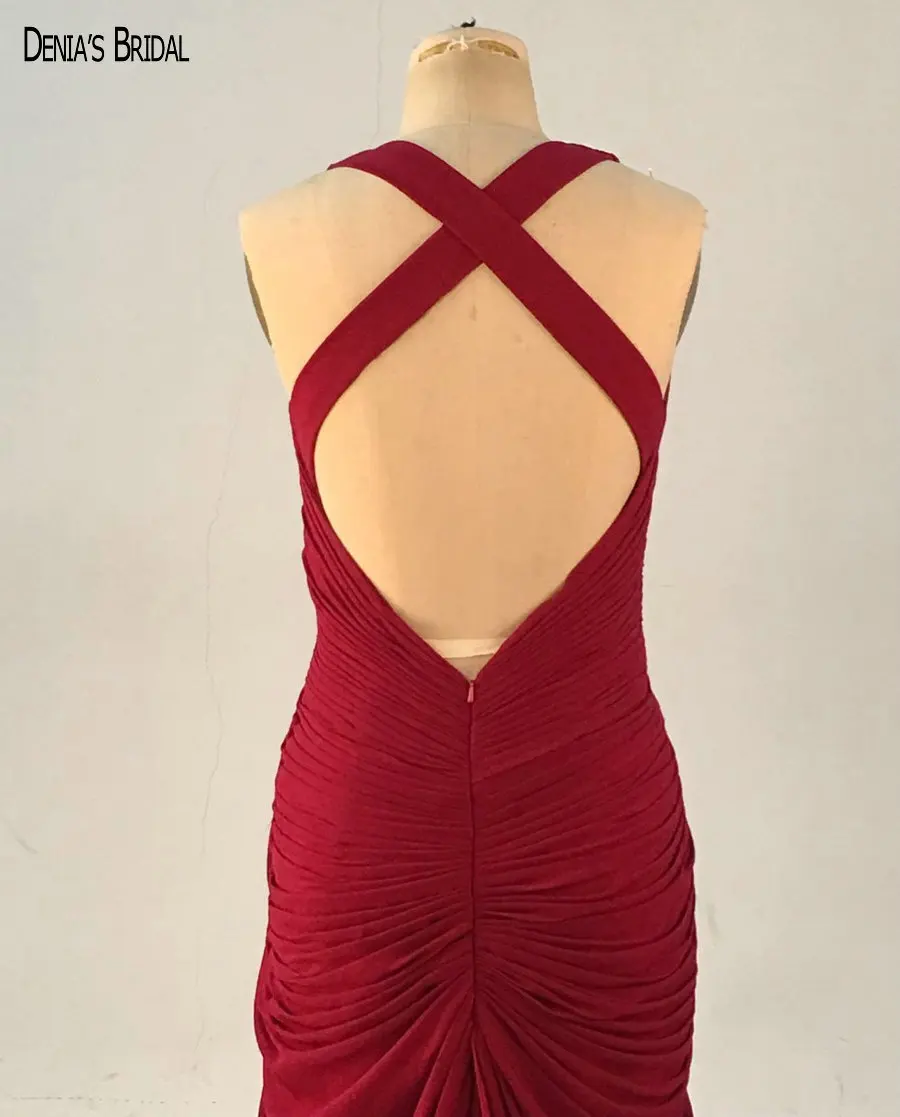 2017 Mermaid Red Chiffon Evening Dresses with V Neckline Sleeves Pleats Floor Length Sweep Train Party Prom Gowns | Свадьбы и