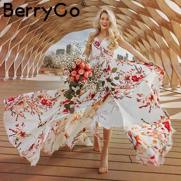 BerryGo богемное женское платье с цветочным принтом Элегантное Длинное без рукавов