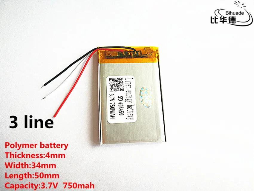 

10pcs/lot 3 line Good Qulity 3.7V,750mAH,403450 Polymer lithium ion / Li-ion battery for TOY,POWER BANK,GPS,mp3,mp4