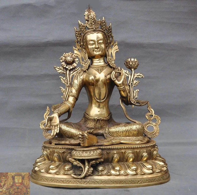 

Свадебное украшение, 17 дюймов, тибетский буддизм, латунь, медь, Зеленая Тара Кван-Инь, статуя Будды, новый год