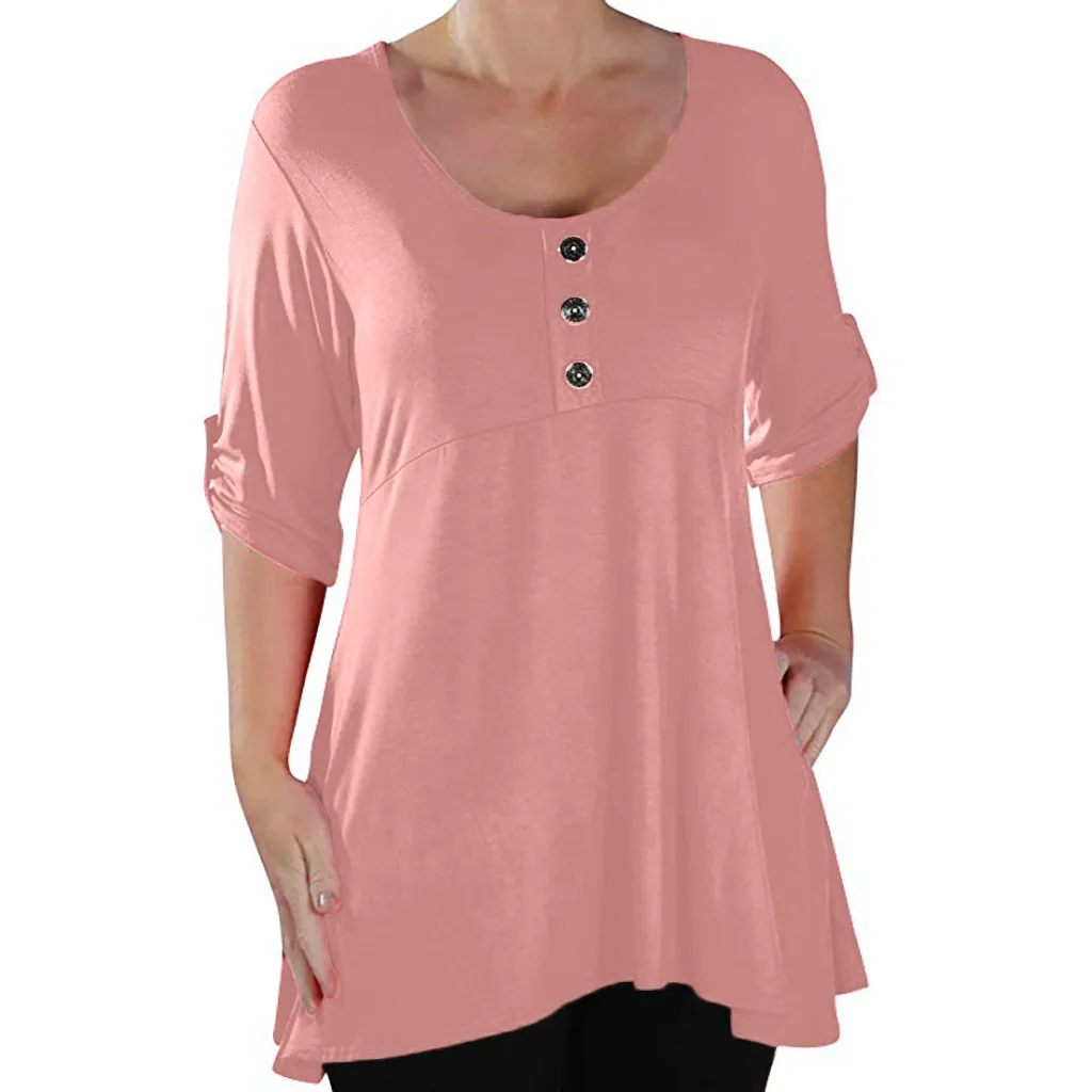 Женская футболка с круглым вырезом полурукавом и пуговицами|Футболки| |