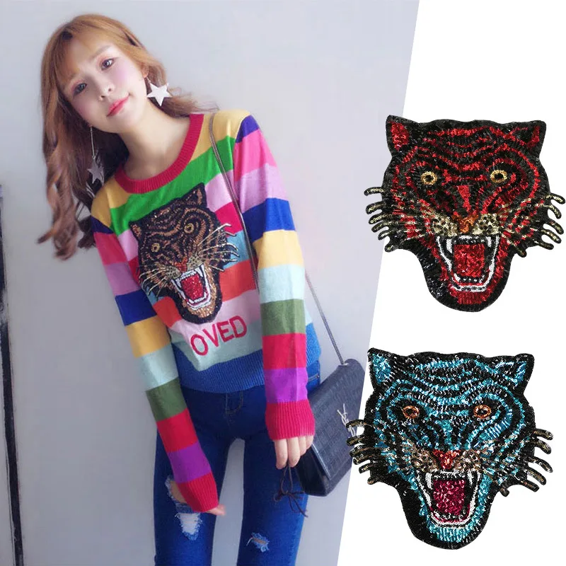 

2018 New Fashion Tiger Head Sequined Patches DIY Decal Accessory 2pcs 22*22cm Large Badge Sew-on T-shirt Clothes Appliqued Patch