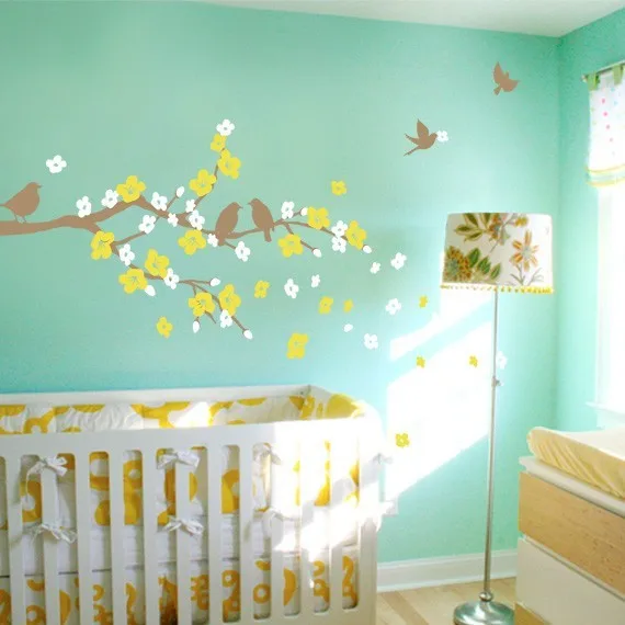 Cherry Blossom Branch with Birds - Kids Vinyl Wall Sticker Decal Set Wall Decals Removable Nursery Baby Bedroom Decor Home Decor