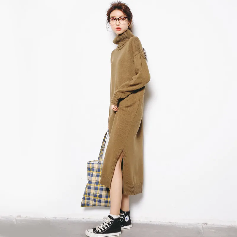 Осенне зимнее платье свитер с высоким воротом для женщин большие размеры женское