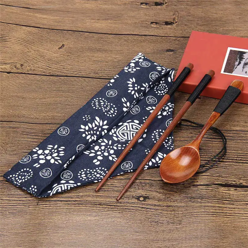 Портативный деревянный набор посуды в винтажном стиле + синяя сумка Jun21