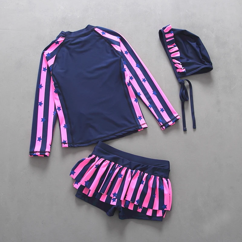 Детский купальник из 3 предметов с длинными рукавами и плавками для девочек