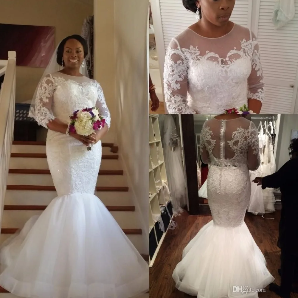 Модные Плюс Размер Свадебные Платья 2017 Половина Рукава Кружева Тюль Русалка