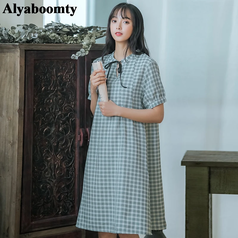 Mori Girl летнее женское платье круглый вырез лента зеленая в клетку свободное Vestidos