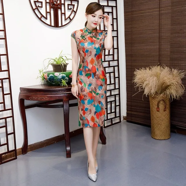

Noble Sexy Ladies Cheongsam 2019 Summer Chinese style Mandarin Collar Knee Length Dress Womens Qipao Slim Party Dresses Vestido