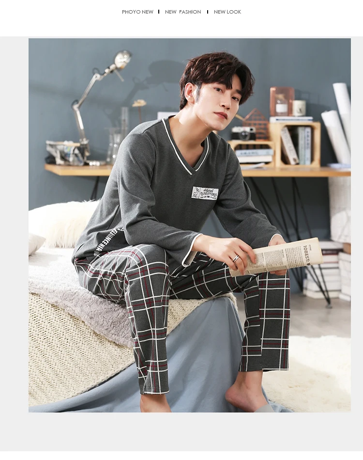 WAVMIT Men's Pajamas Long Sleeve Cotton Plus Size 4XL 5XL Men Pyjamas Sets Sleepwear Sets Father Pajamas Nihgtwear