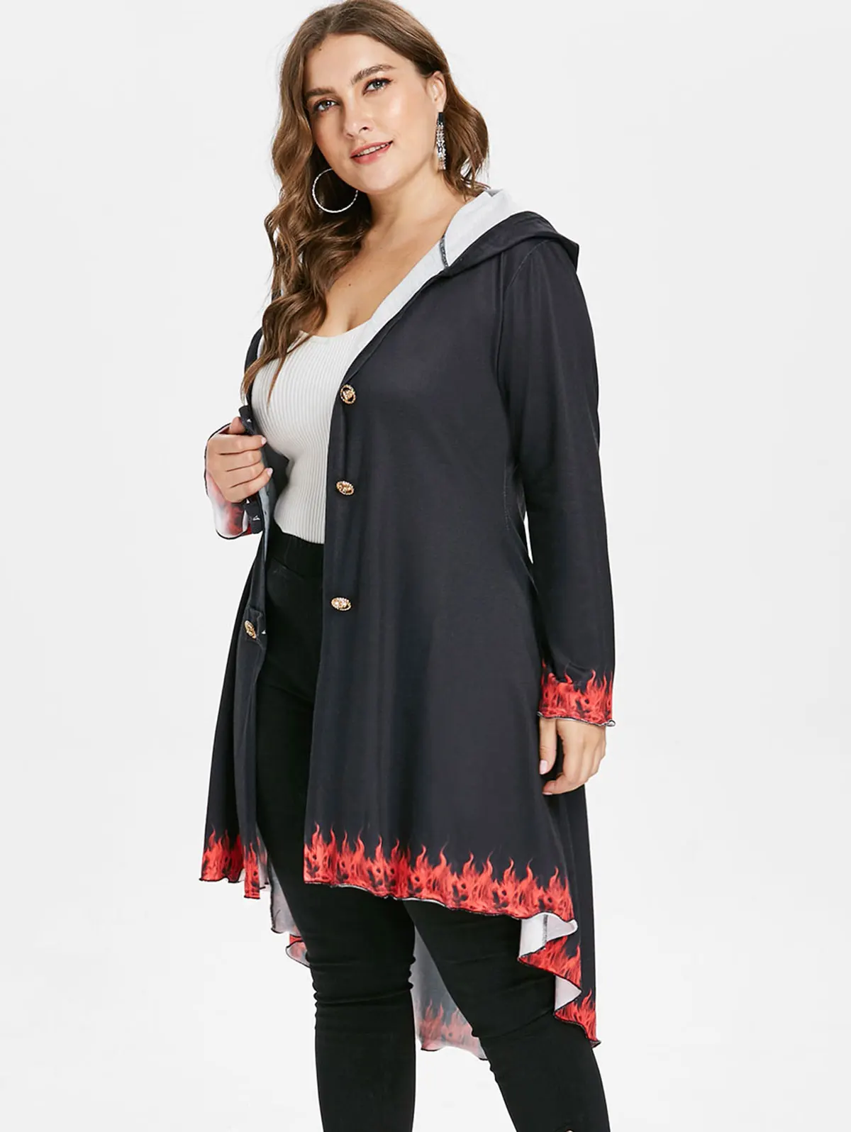 Wipalo Plus Size 3D Pattern Fire Print Buttoned High Low Hoodie Coat Sweatshirts Long Sleeves Cloak Winter Coats Outwear 5XL|Женские