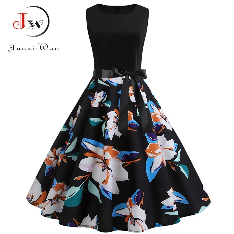 Женское винтажное платье ретро с цветочным принтом черное в стиле рокабилли