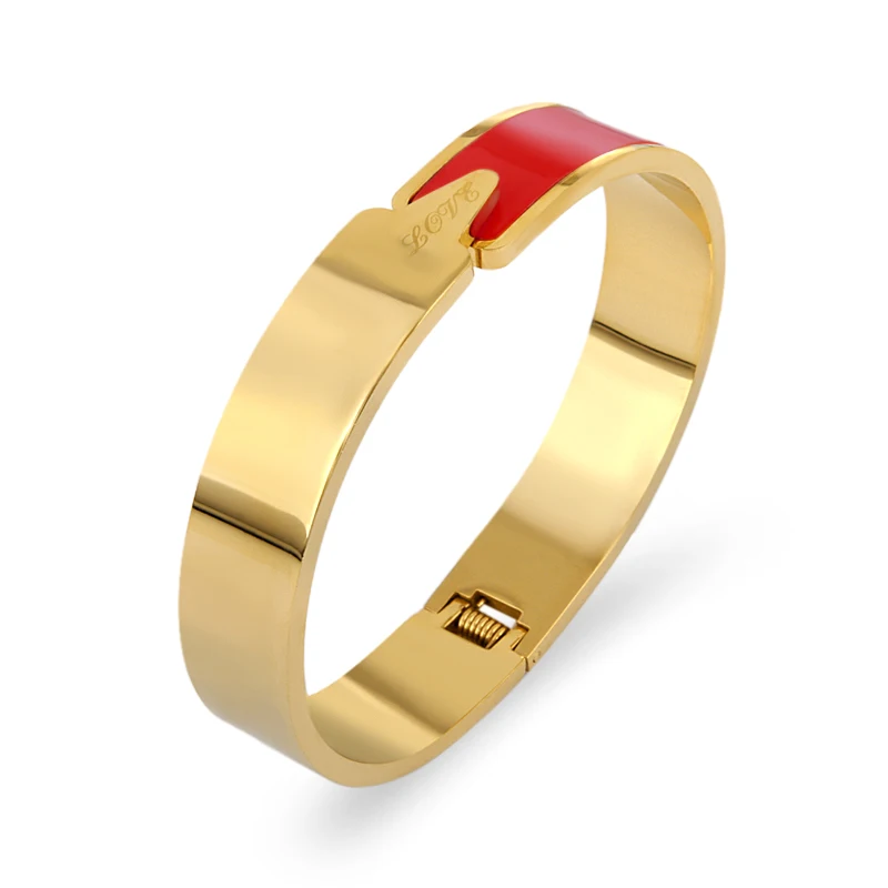 Gold Red FYSARA Классический роскошный бренд 12 мм браслеты для влюбленных для женщин Оранжевый/Красный/Черный Эмаль Браслеты Ювелирные изделия из нержавеющей стали - Окраска металла: Gold Red