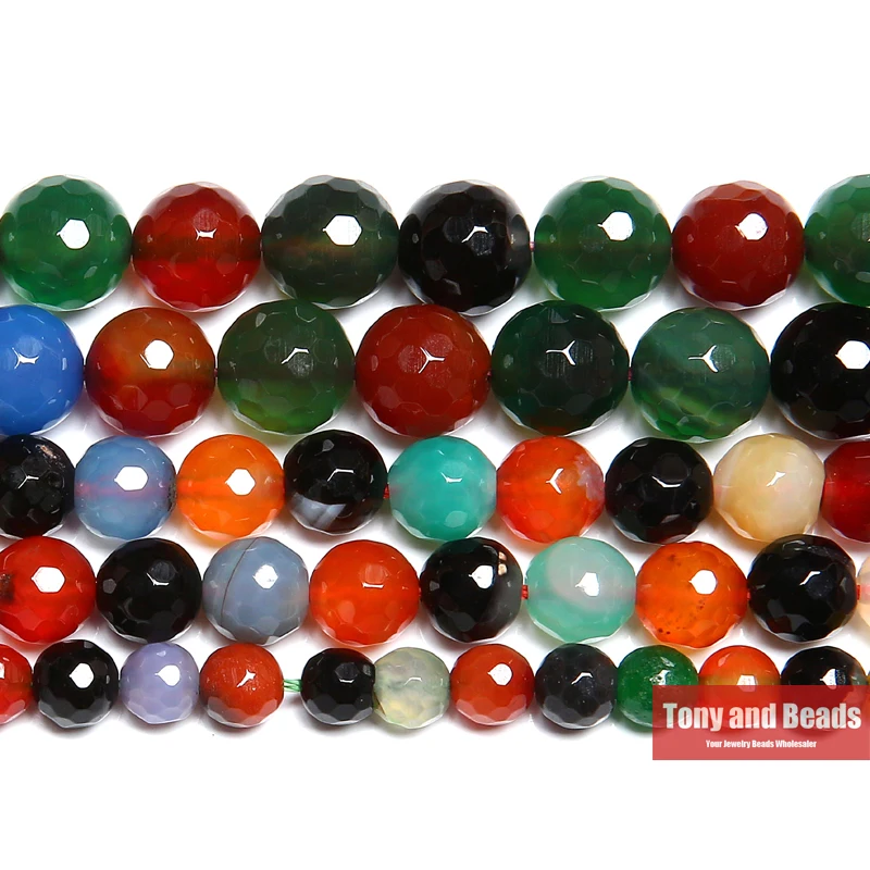 

15" Strand Natural Stone Faceted Mixed Colors Agate Round Beads 6 8 10 12MM Pick Size For Jewelry