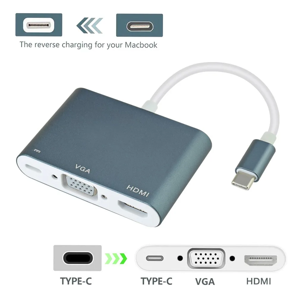 

5pcs/lot 3 in1 USB 3.1 Type-C to HDMI +VGA HD Video Adapter Converter Cable For Apple MacBook