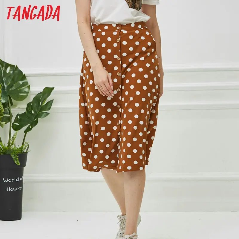 Tangada летняя юбка на пуговицах до колена длина миди в горошек бежевая коричневая