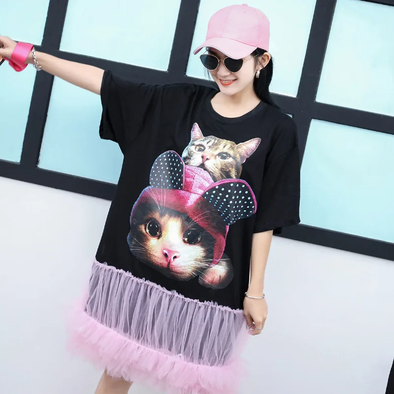 Vefadisa женское розовое платье с принтом кота синее Сетчатое в стиле пэчворк летнее