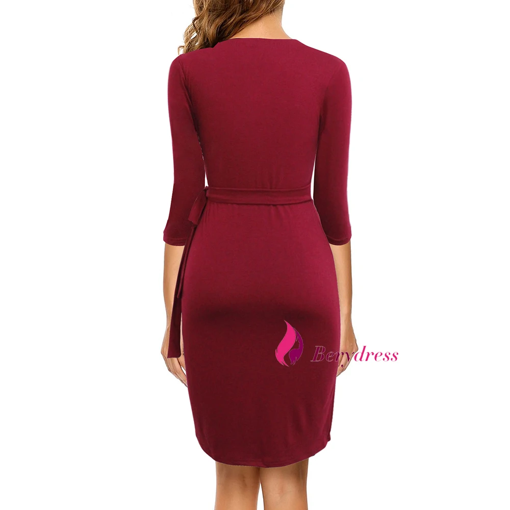 Berydress Винтаж 50s Ruched женское платье с длинными рукавами черные скромные платья Элегантное узкое облегающее платье осень миди бордовые платья