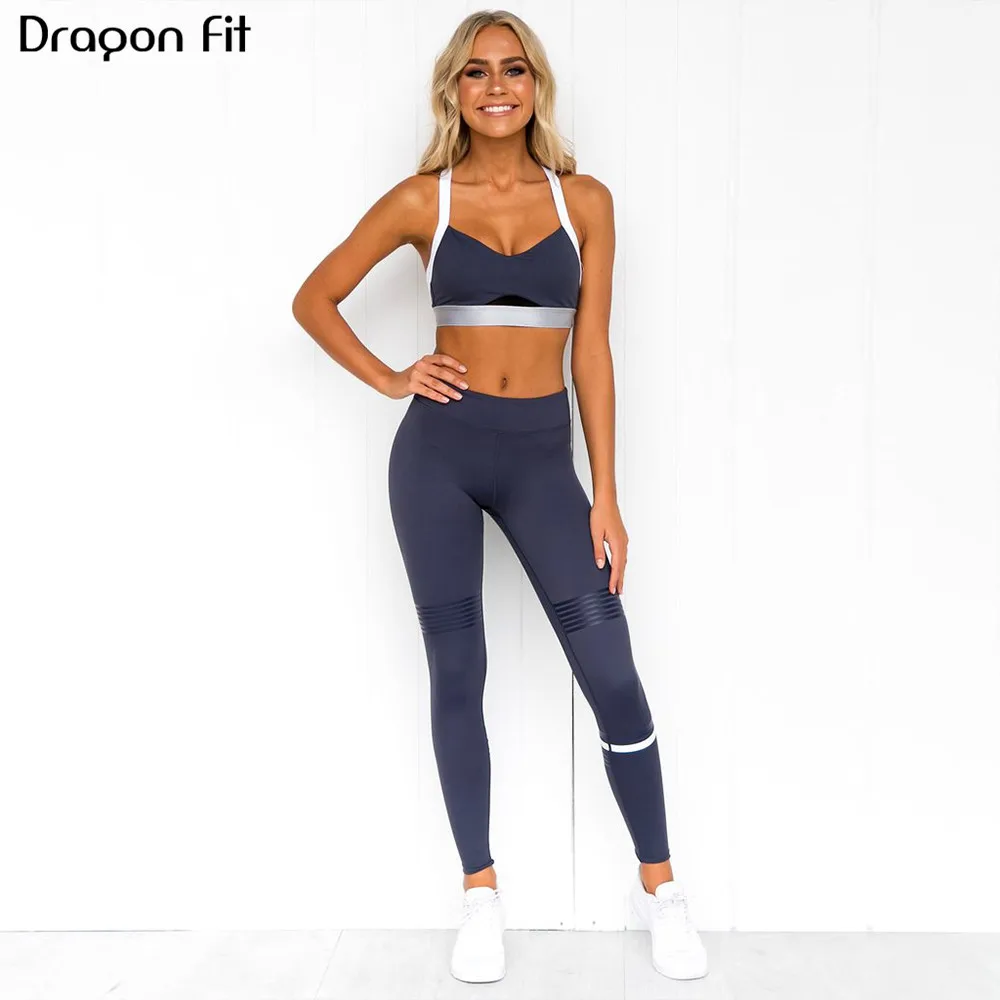 Dragon Fit, комплект для йоги с высокой талией, женские бесшовные легинсы и бюстгальтер на бретельках, комплект для фитнеса из 2 предметов, одежда для бега, комплект спортивной одежды - Цвет: gray