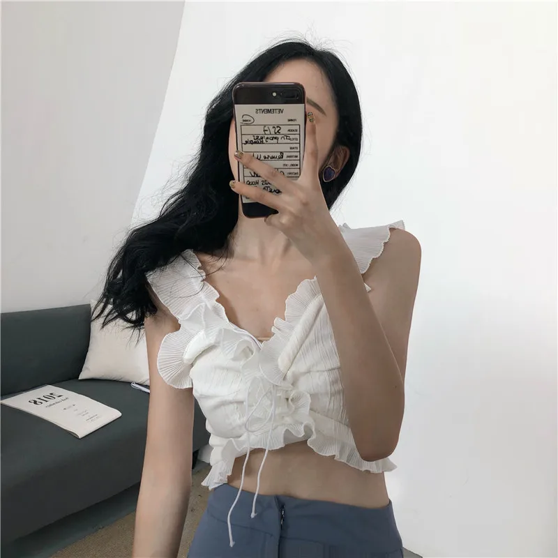 Chic Sling Crinkle Chiffon Tank Tops Lace Drawstring Camis Sexy Thin High Waist Pleated Vest Short Sleeveless shirts 2018 | Женская