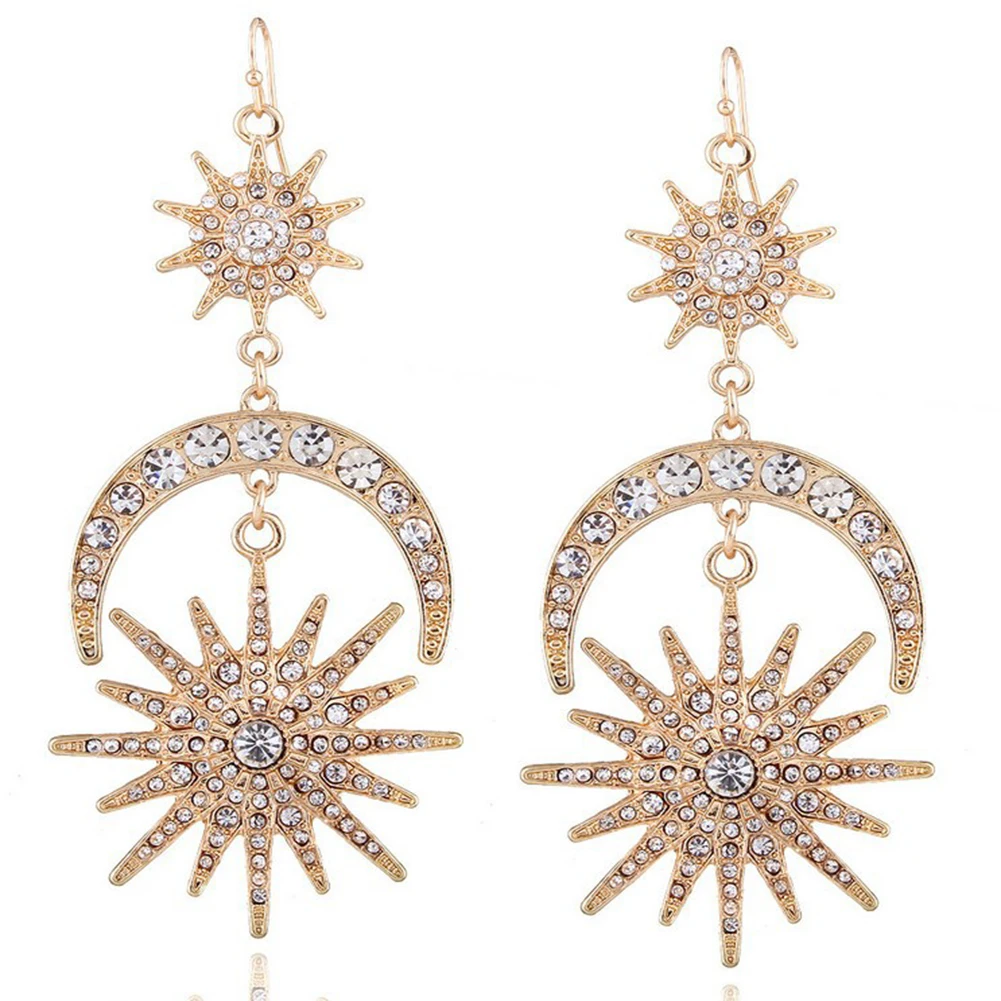 

Luxury Sun Moon Drop Earrings Shiny Rhinestone Ear Dangle Boho Statement Jewelry