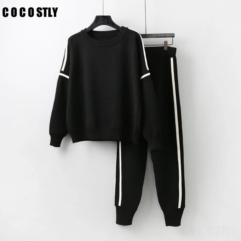 Осень зима комплект из 2 частей для женщин вязаный свитер в полоску + брюки