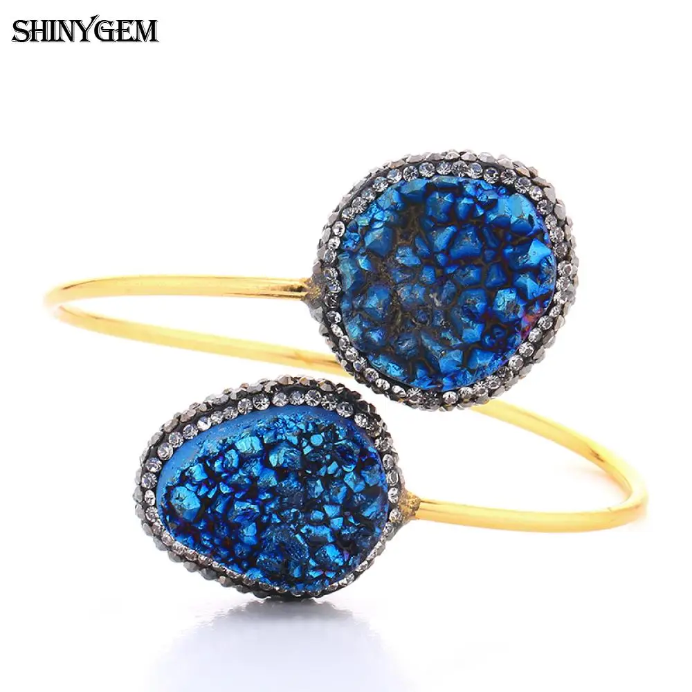 ShinyGem винтажный Регулируемый большой браслет с камнями Друза браслеты гладкое золотое покрытие с большим природным камнем открытые манжеты браслеты для женщин