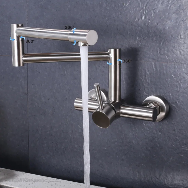 

304 Stainless Steel Kitchen Faucet Wall Mount Universal Fold 360 Degree Rotation Cold and Hot Water Sink Tap Mixer Double Holes