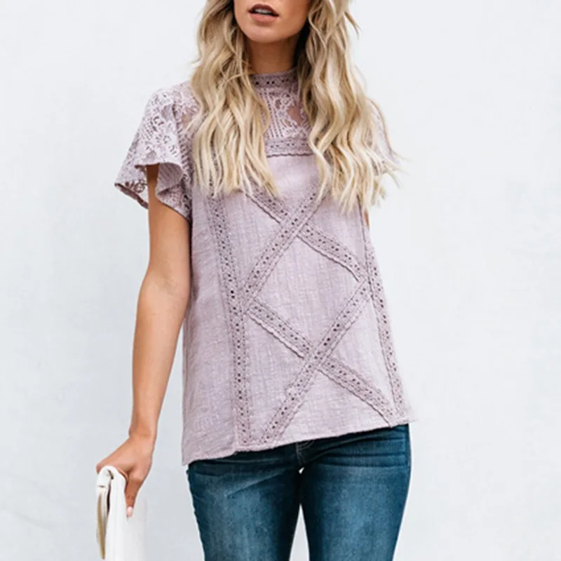 

Women 2020 Fashion O Neck Blouse Short Sleeve Casual Summer Blouses Tops Sexy Cotton Lace Hollow Out Blusas