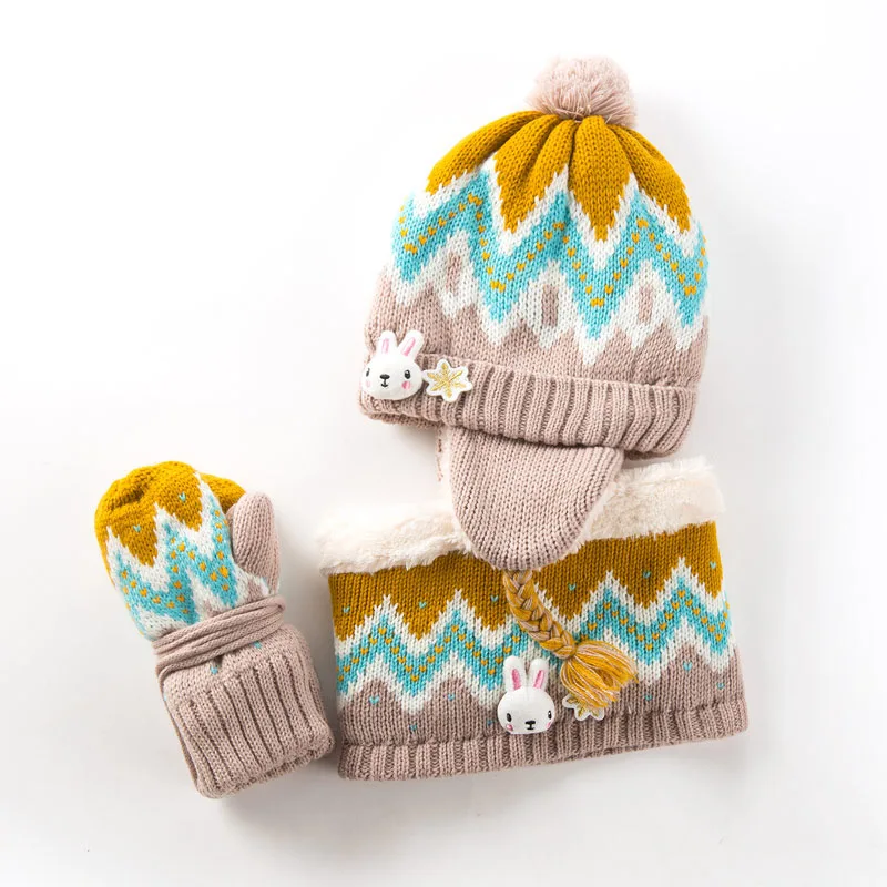 Gloves Hat And Scarf Детские шапочки унисекс, комплект с шапочкой для детей, с рисунком животных, в полоску, вязанная бархатная шапка и шарф, зимний теплый костюм, комплект, перчатки для девочек - Цвет: Gloves Hat And Scarf