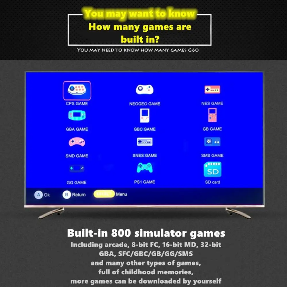 Игровая приставка HD TV Встроенный 800 игр поддержка нескольких игровых симуляторов